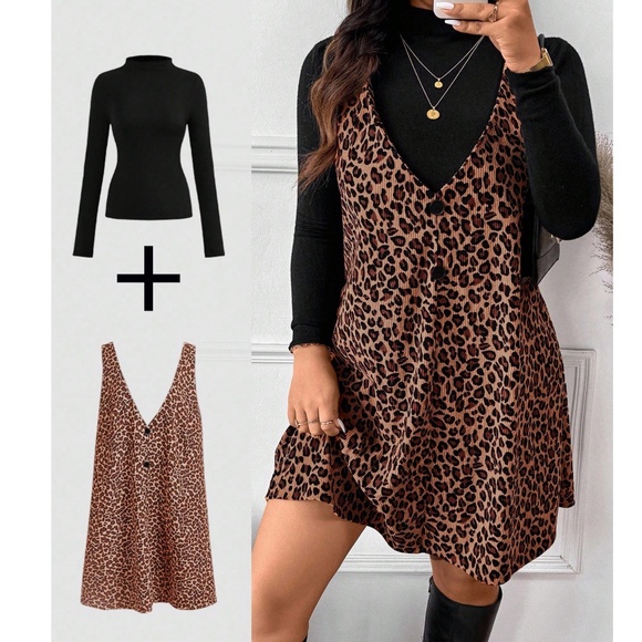 Plus Long Sleeve Black Top Leopard Print Sleeveless Dress Set - Picture 2 of 4